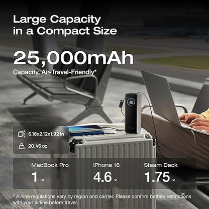 EF ECOFLOW Rapid Power Bank, 25,000mAh, 170W, 100W Built-in and Retractable Cables, Portable Charger with Triple 100W USB-C Port, Compatible with iPhone 17/16/15/14, Samsung, Laptop and More, Silver