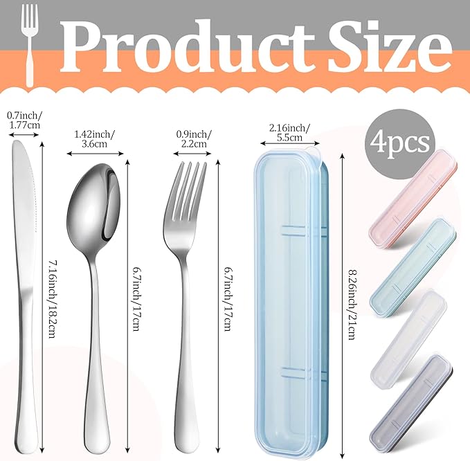 Yinkin 4 Pack Portable Travel Utensils Set with Case Reusable Stainless Steel Silverware Flatware Camping Cutlery Include Fork Spoon Knife for Work School Dishwasher Safe(White, Green, Red, Black)