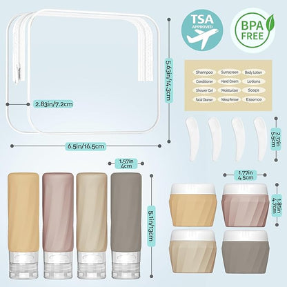 14pack Travel Bottles for Toiletries, TSA Approved Travel Size Toiletries Containers Set, Premium Silicone Leak Proof Refillable Squeezable & Creams jars Accessories Kit W/Clear Bag (Apricot)