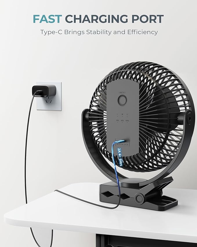 xasla 10000mAh Portable Clip on Fan, 8 inch Rechargeable Battery Operated, 24 Hours Work Time, Quiet USB 4 Speeds Personal, Ideal for Outdoor Camping Golf Cart Home Office Black
