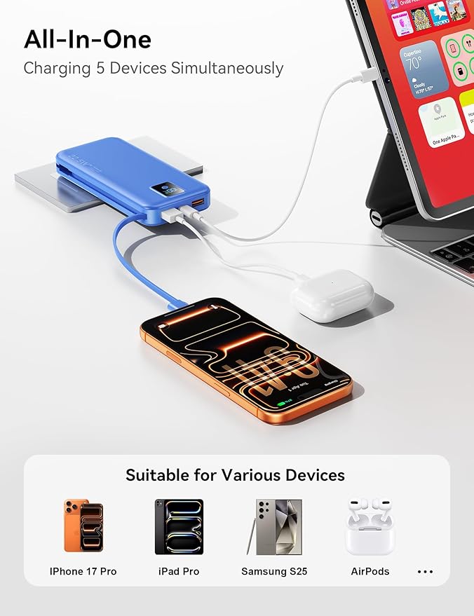 Portable Charger, 12000mAh 22.5W Fast Charging Power Bank with Built-in Cables & Wall Plug, Travel Essentials Battery Pack with LED Display, USB C External Battery Bank for iPhone iPad, Samsung Navy