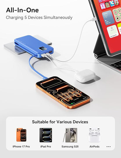 Portable Charger, 12000mAh 22.5W Fast Charging Power Bank with Built-in Cables & Wall Plug, Travel Essentials Battery Pack with LED Display, USB C External Battery Bank for iPhone iPad, Samsung Navy