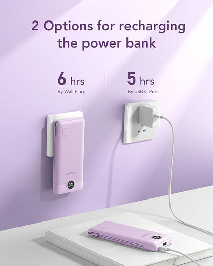 VEGER Portable Charger for iPhone Built in Cables and Wall Plug, 10000mah Slim Fast Charging USB C Power Bank, Travel Essential Battery Pack Compatible with iPhones, iPad, Samsung More Devices(Purple)