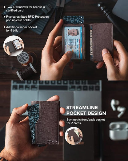 VULKIT Card Holder Wallet with Double ID Windows RFID Blocking Pop Up Wallet Minimalist Design for 12 Cards