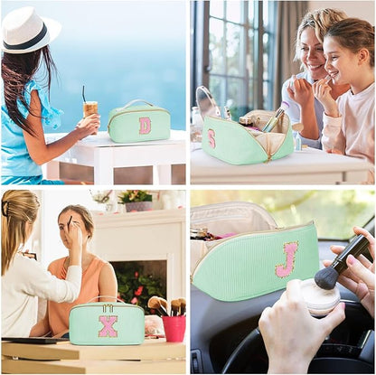 Personalized Initial Makeup Bag,Christmas Gifts for Girl,Preppy Bag Cosmetic Travel Bag Women,Travel Toiletry Organizer,Large Capacity Corduroy Stuff Bag,Cute Cosmetic Pouch Skincare Bag-Q