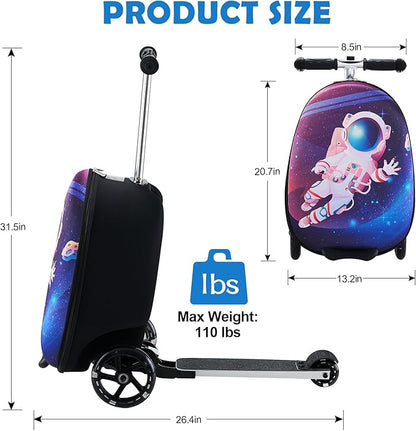 Yacul Kids Suitcase Scooter, 2-in-1 Foldable Luggage with LED Light Wheels, Lightweight Carry-On Travel Suitcase for Boys and Girls(Blue)