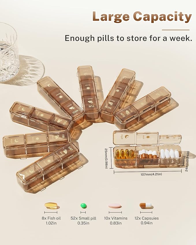 Weekly Pill Organizer 3x a Day - 7 Day Pill Box with 21 Compartments (Morning/Noon/Night), BPA-Free Daily Pill Case, Portable Medicine Organizer for Vitamins, Supplements & Medication【Upgrade】 (Brown)