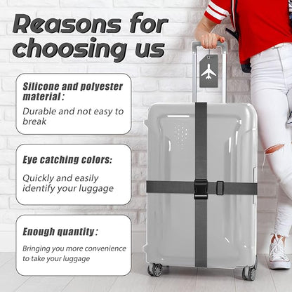 Weewooday 8 Pcs Luggage Straps Suitcase Tags Set for TSA Approved, 4 Travel Adjustable Suitcase Belt, 4 Silicone Luggage Tags with Name ID Card Travel Accessories(Dark Gray,Airplane)