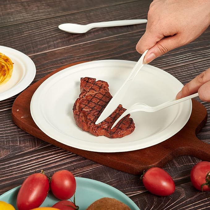 ECOLipak 350 Pcs Compostable Cutlery Set, 7 Inch Large Size Biodegradable Disposable Silverware Set 150 Forks 100 Spoons 100 Knives, Heavy Duty Bio based CPLA Utensils for Party, BBQ, Picnic