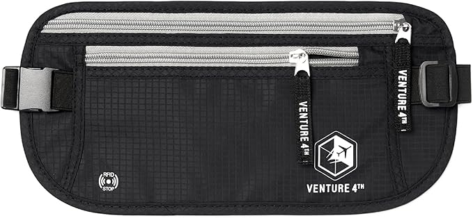 VENTURE 4TH Travel Money Belt - Slim Passport Holder RFID Blocking Travel Pouch to Protect Cash, Credit Cards and Travel Documents (Black)