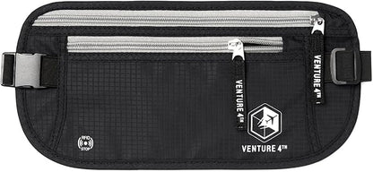 VENTURE 4TH Travel Money Belt - Slim Passport Holder RFID Blocking Travel Pouch to Protect Cash, Credit Cards and Travel Documents (Black)