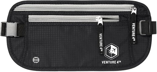 VENTURE 4TH Travel Money Belt - Slim Passport Holder RFID Blocking Travel Pouch to Protect Cash, Credit Cards and Travel Documents (Black)