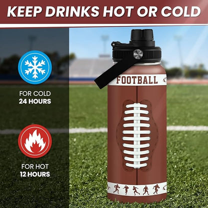 Football Water Bottle with Lid - 32oz Insulated Stainless Steel Sport Bottle - Gifts for Men Football Players Lovers Men