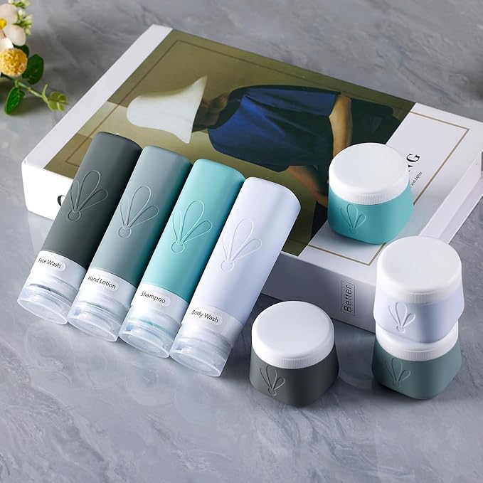 INSFIT 8 Pack Silicone Travel Bottles & Cream Jars with Toiletry Bag, 3oz Leakproof Containers & 2oz Jars with Waterproof Labels, BPA-Free Squeezable Toiletries Set for Shampoo, Lotion, Cosmetics