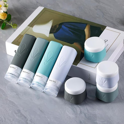 INSFIT 8 Pack Silicone Travel Bottles & Cream Jars with Toiletry Bag, 3oz Leakproof Containers & 2oz Jars with Waterproof Labels, BPA-Free Squeezable Toiletries Set for Shampoo, Lotion, Cosmetics