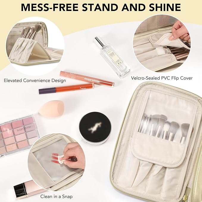 Travel Makeup Bag Women's Large Capacity Cosmetic Portable Organizer Large Opening Waterproof Storage Toiletry Bags Vertical Free-Standing Brush Holder for Easy Access Gold