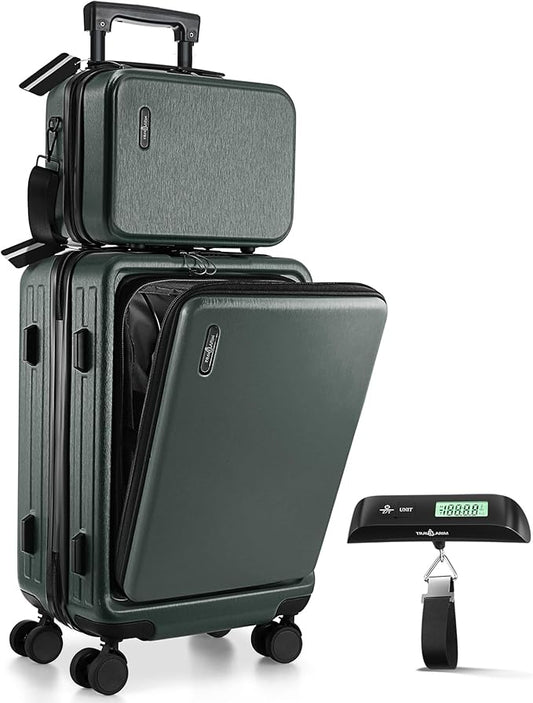TRAVELARIM 22 Inch Carry On Luggage 22x14x9 Airline Approved, Small Carry On Suitcase, Hard-shell Carry-on Luggage with Wheels, Durable Green Luggage Carry-On with Cosmetic Case and Luggage Scale