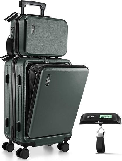 TRAVELARIM 22 Inch Carry On Luggage 22x14x9 Airline Approved, Small Carry On Suitcase, Hard-shell Carry-on Luggage with Wheels, Durable Green Luggage Carry-On with Cosmetic Case and Luggage Scale