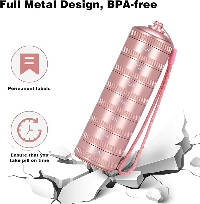 XHT Pink Weekly Metal Pill Organizer 7 Day 2 Times a Day – Aesthetic Waterproof AM PM Travel Pill Box, Heavy Duty Pill Holder and Medicine Pill Organizer for Vitamins, Fish Oil & Supplements