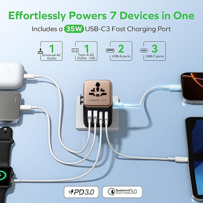 MOMAX 7-in-1 Universal Travel Adapter, 3 USB-C PD & 2 USB-A QC, 2AC, All-in-one European Travel Plug Adapter, International Power Adapter for Travel UK EU AUS JP, Travel Essentials