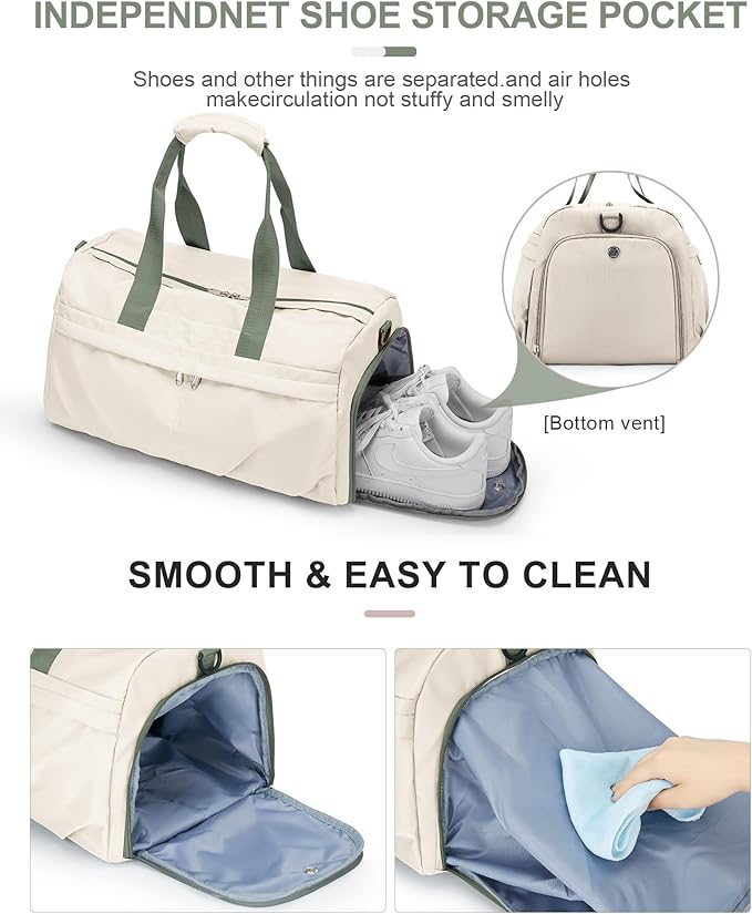 Gym Bag for Women Men with Shoe Compartment, Sport Duffel Bag, Waterproof Travel Weekender Overnight Carry on Bag for Yoga with Trolley Sleeve, Beige Green