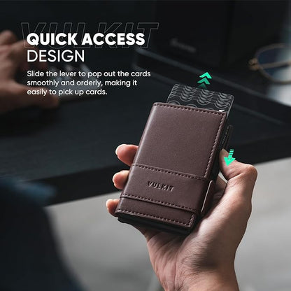 VULKIT Card Holder Bifold Pop Up Leather Wallet for Men RFID Blocking Metal Card Case, Holds 9 Cards and Banknotes Espresso