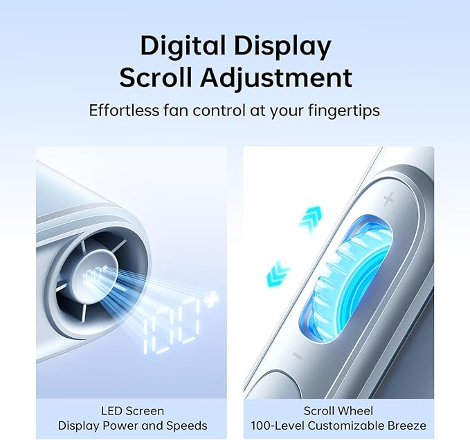 JISULIFE Portable Neck Fan, 100-Speed Adjustable 40000 RPM Personal Mini Necklace Wearable Belt Fan, 16H Rechargeable Battery 4500mAh with LED Display for Outdoor Travel Camping Gifts- Blue