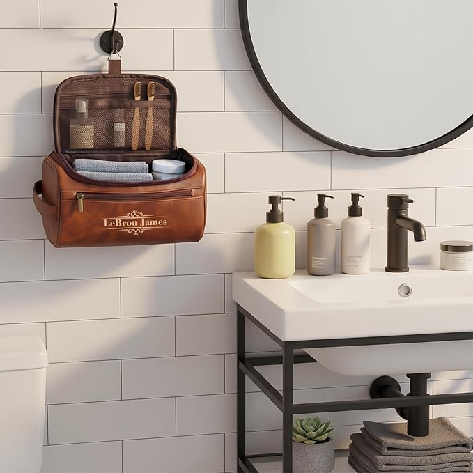 Personalized Toiletry Bag for Men, Custom Leather Shaving Dopp Kit for Him, Engraved Name Initials Travel Bag for Husband, Personalized Christmas Birthday Gifts for Men Dad Groomsmen-Black