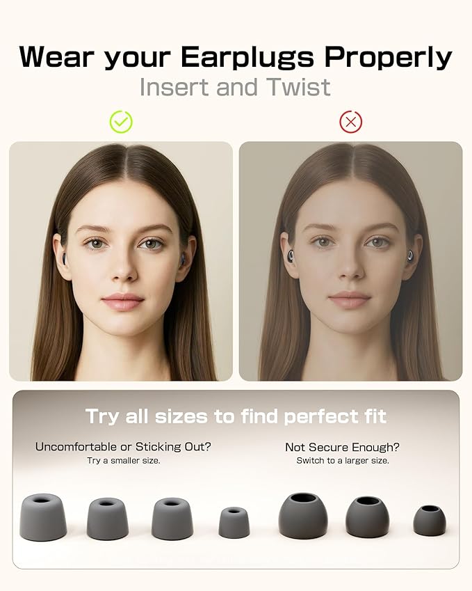 Ear Plugs for Sleeping and Concerts with Cord, Anti-Loss Reusable Earplugs, Ultra-Comfy, 45dB Noise Reducing, Hearing Protection for Travel & Focus, 7 Pair Silicone & Foam Eartips, Slumber Beige