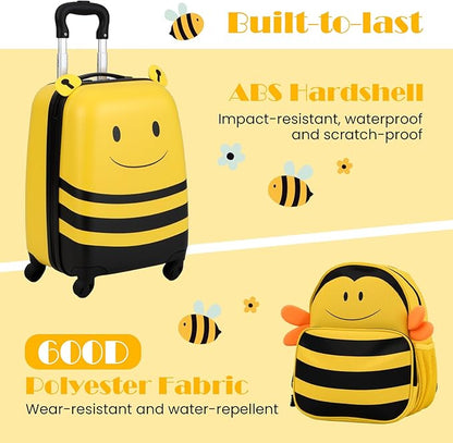 HONEY JOY Kids Luggage, 12” Children Hardshell Backpack & 16” Toddler Travel Rolling Suitcase, 2 Pcs Lightweight Carry On Luggage Set, Kids Luggage with Wheels for Girls & Boys(Yellow Bee)