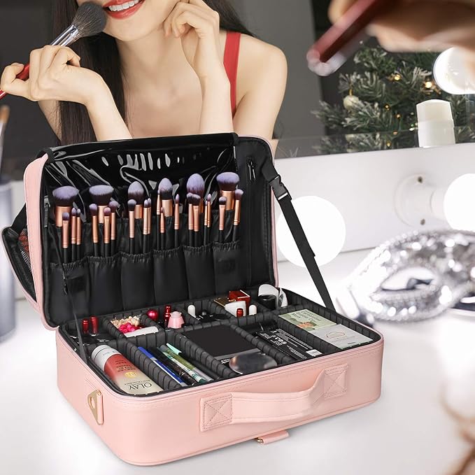 Relavel Travel Makeup Train Case Cosmetic Case Organizer Portable Artist Storage Bag with Adjustable Dividers for Cosmetics Makeup Brushes Toiletry Jewelry Digital Accessories