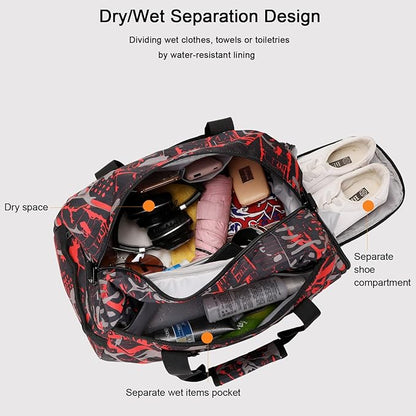 Octsky Sports Duffel Bag Gym Bag with Shoe Compartment Small Travel Overnight Bag Weekender Bag(Red-Graffiti)