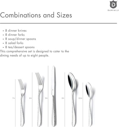 Matte Silverware Set, 18/10 Stainless Steel Satin Flatware, Modern Brushed Finish Cutlery, Dishwasher Safe & Durable, Built to Last (40-Piece, Fidenza Hammered)