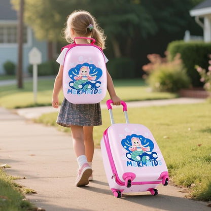 KOTEK Kids Carry On Luggage Set, 16" Hardside Rolling Suitcase with Spinner Wheels, Travel Rolling Luggage for Boys Girls (Mermaid)