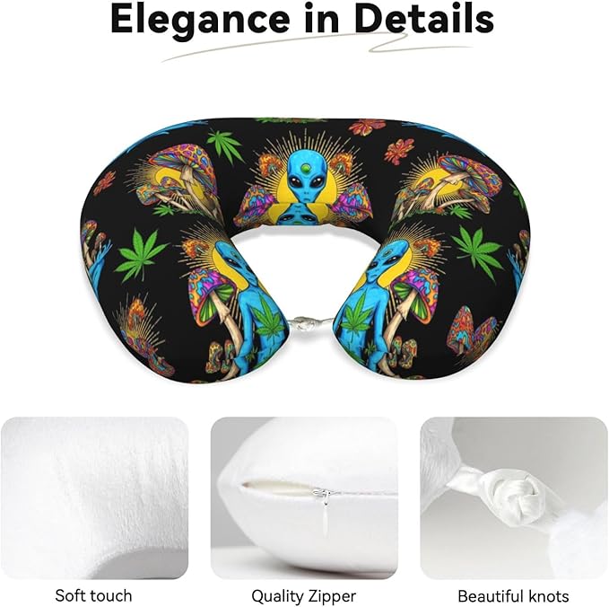 Memory Foam Airplane Pillow Sun Chakra Yoga Meditation Alien Weedleaf Trippy Eye Mushroom for Car Chin Head Neck Supporting, U Shape Pillows Travel Cushion for Office, Nap Sleeping