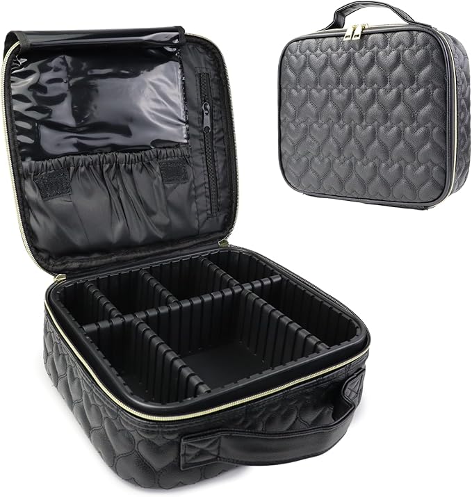 Travel Makeup Bag Makeup Cosmetic Train Case Organizer Portable Storage Bag with Adjustable Dividers for Cosmetics Makeup Brushes Toiletry Jewelry Heart Pattern
