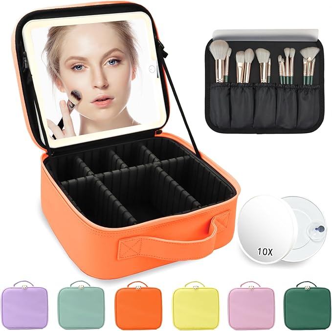 Travel Makeup Bag for Makeup Artists Large Makeup Case,with Mirror 3 Color Setting and Detachable 10x Magnifying Mirror Travel Makeup Bag,Portable Storage and Adjustable Dividers （orange）