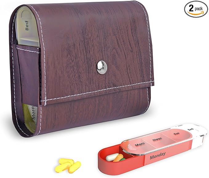 Pill Organizer,LIZIMANDU Weekly Travel Pill Case Box Medication Reminder Daily AM PM, Day Night 7 Compartments,for 4 Times A Day, 7 Days a Week-Includes Leather PU Carrying Case(1-Wood-Dark Brown)