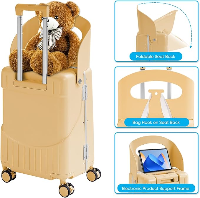 20'' Luggage with Child Seat, Ride On Suitcase with Shockproof Silent Spinner Wheels, TSA Lock, Carry On Luggage with Foldable Backrest, Bag Hook for Kids.