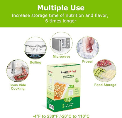 [2025 Upgraded] Bonsenkitchen 3 Rolls 11" x 16' + 3 Rolls 8" x 16' Vacuum Sealer Bags for Food with a Color Box, Easy to Store, Commercial Grade, BPA Free, Great for Food Storage or Sous Vide, VB22