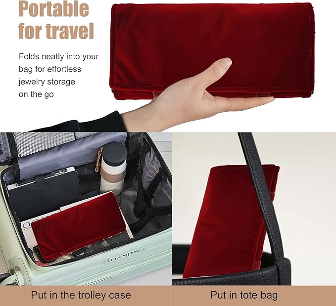 Velvet Travel Jewelry Case Roll Bag Organizer for Necklace Bracelet Earrings Ring (Black) (Burgundy)