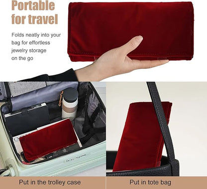 Velvet Travel Jewelry Case Roll Bag Organizer for Necklace Bracelet Earrings Ring (Black) (Burgundy)