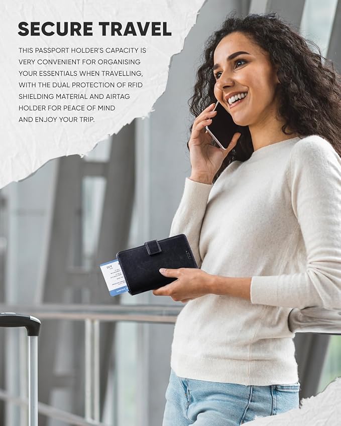 VULKIT Passport Holder with Airtag Holder RFID Blocking Passport Wallet Travel Leather Passport for Women(Black Navy)