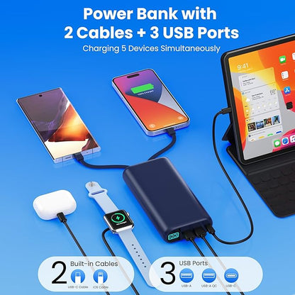 Portable Charger 40,800mAh Power Bank with Built-in Cables,5 USB Output Battery Pack Backup,25W PD Fast Phone Charging Travel Essential Outdoor for iPhone 17/16/15 Pro,Android Galaxy Pixel Nexus-Blue