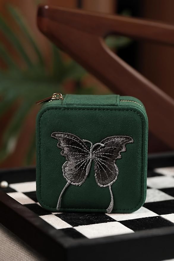 S.Leaf Travel Jewelry Organizer Boxes for Women Small Portable Necklace Earrings Bracelet Rings Travel Case Best Friend Birthday Gifts for Women Trendy (Butterfly_Green_Gray)
