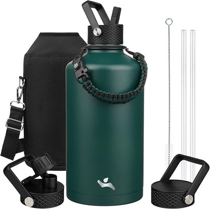 Gallon Insulated Water Bottle with Straw,128 oz 3 Lids Water Jug with Carrying Bag,Paracord Handle, Double Wall Vacuum Stainless Steel Metal Flask,Dark Green