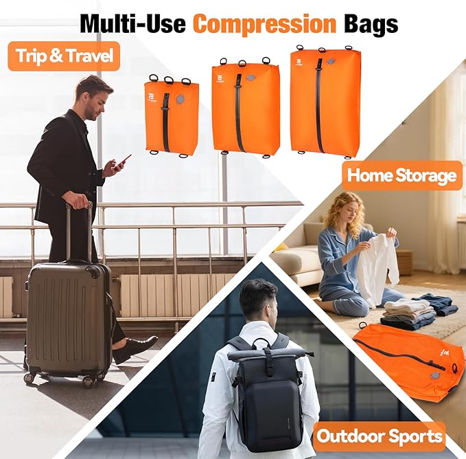 3 Pack Vacuum Bags for Travel with Pump, 3-Size Set Reusable Vacuum Compression Bags for Luggage, Space Saver IP67 Waterproof Vacuum Packing Cubes for Suitcase&Backpack, Orange