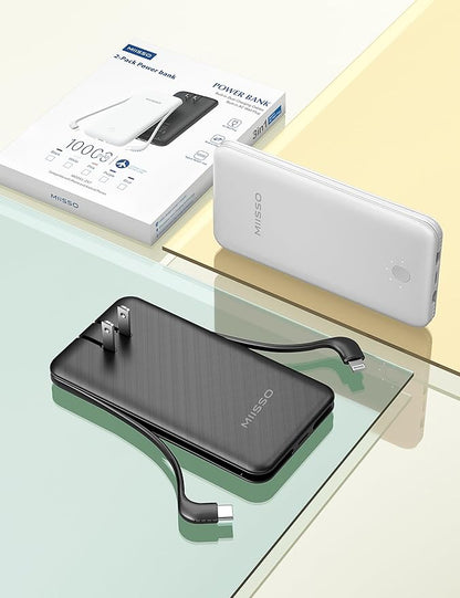 miisso Ultra Slim 10000mAh Power Bank Built-in Cables and Foldable AC Wall Plug, Pocket Size USB C Portable Charger, External Battery Pack Compatible with iPhone Samsung, 2 Pack Black & White
