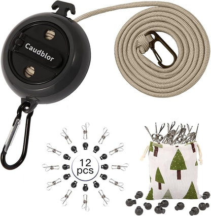 Portable Travel Clothesline Cord, Caudblor Adjustable 33ft Camping Clothes line, Laundry Drying Rope for Hotel Trip, Cruise, Outdoor/Indoor, with 12Pcs Stoppers, Windproof Clothespins