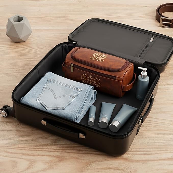 Personalized Toiletry Bag for Men, Custom Leather Shaving Dopp Kit for Him, Engraved Name Initials Travel Bag for Husband, Personalized Christmas Birthday Gifts for Men Dad Groomsmen-Black